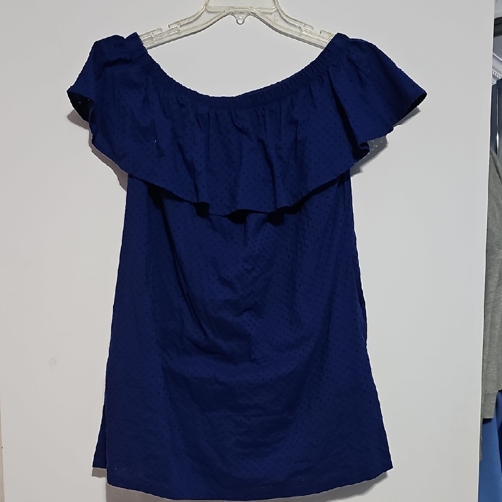 Lucky Brand Navy Ruffle Eyelet Blouse Off Shoulder Fully Lined Sz S Gameday Duke